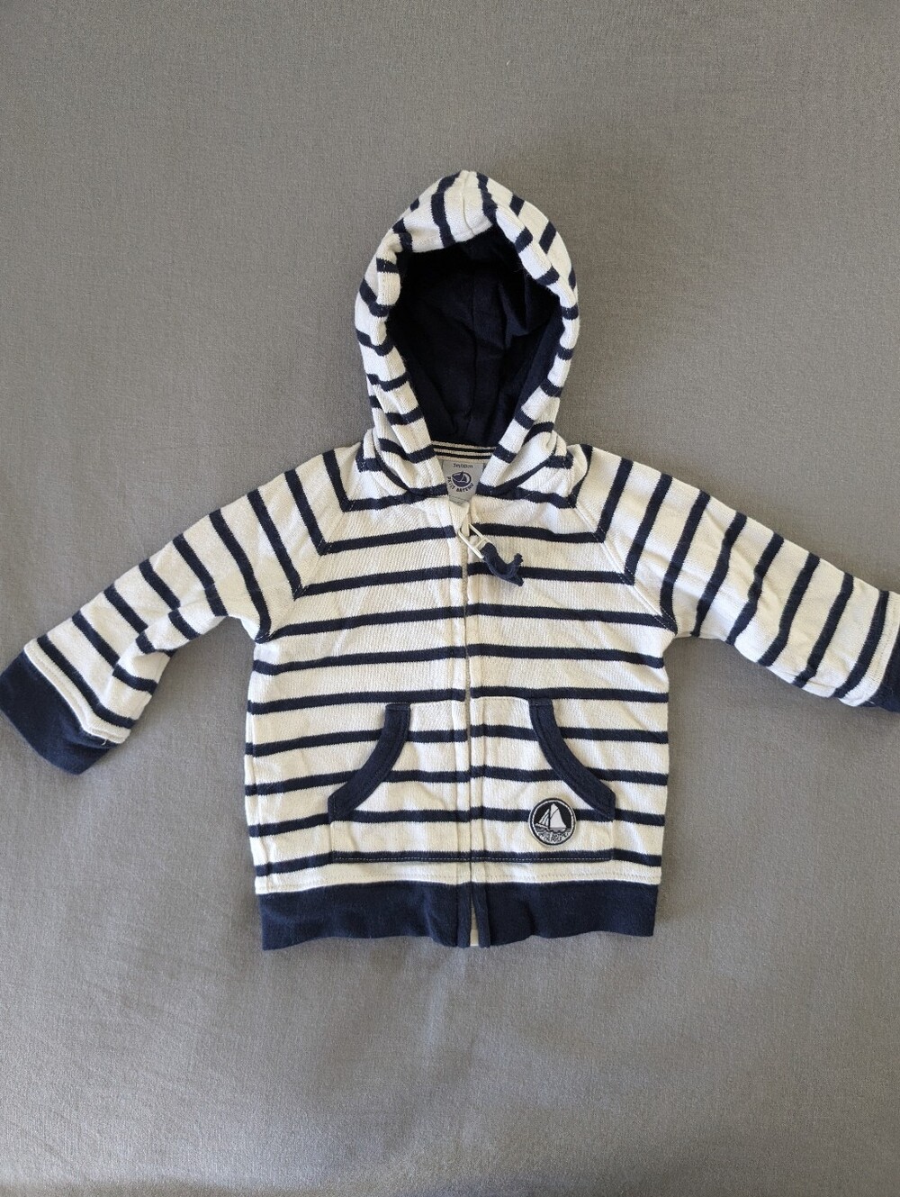 Petit Bateau Navy Blue & White Striped Hooded Zip Sweatshirt - 3 Months